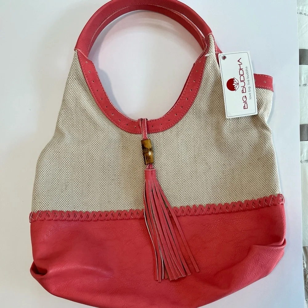 Big Buddha Hobo Bag Women Large Coral Pink NWT Tassel Bamboo Boho Canvas Good